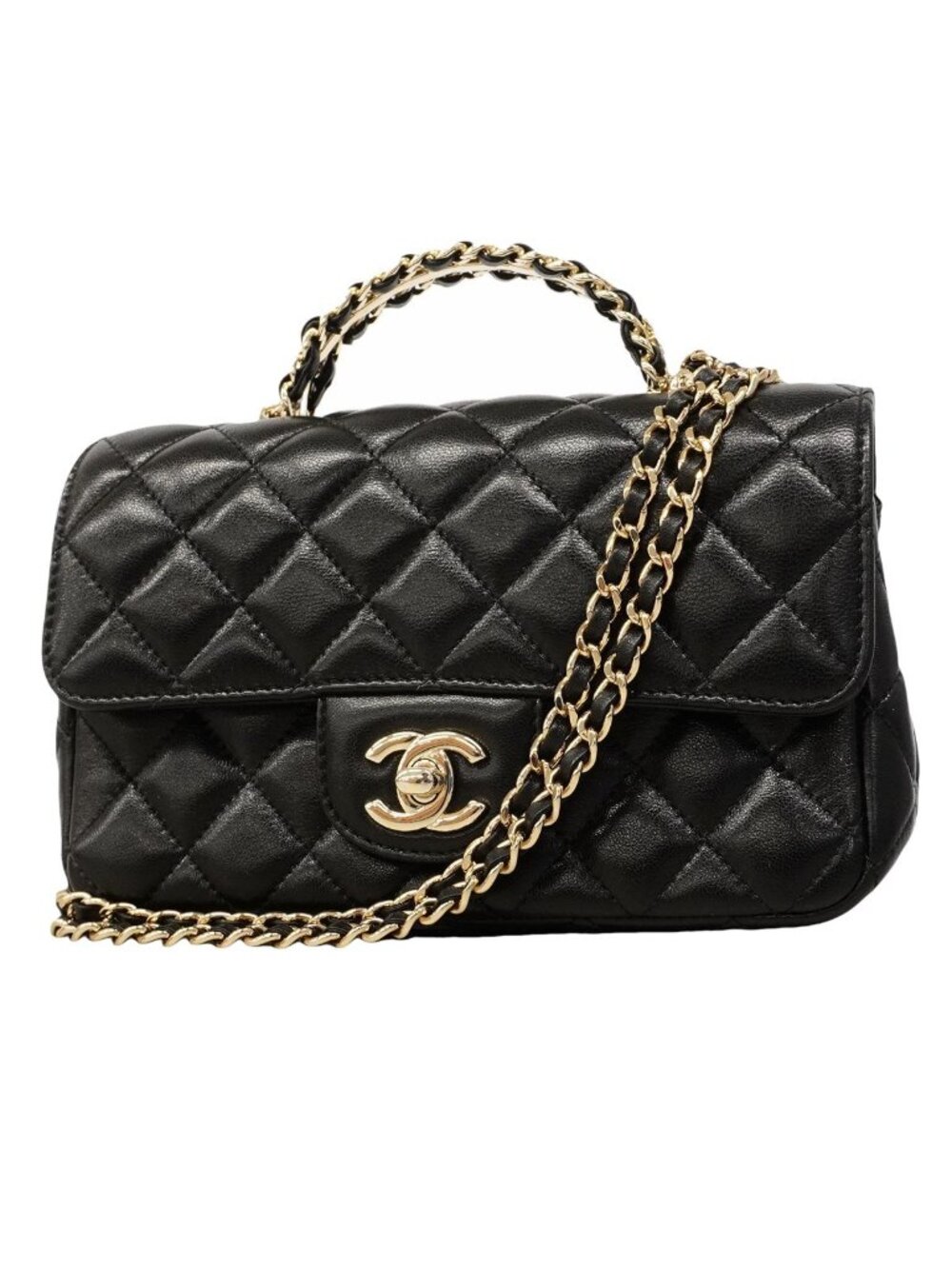 Chanel Handbag Quilted Lambskin Black Champagne Gold 2-Way